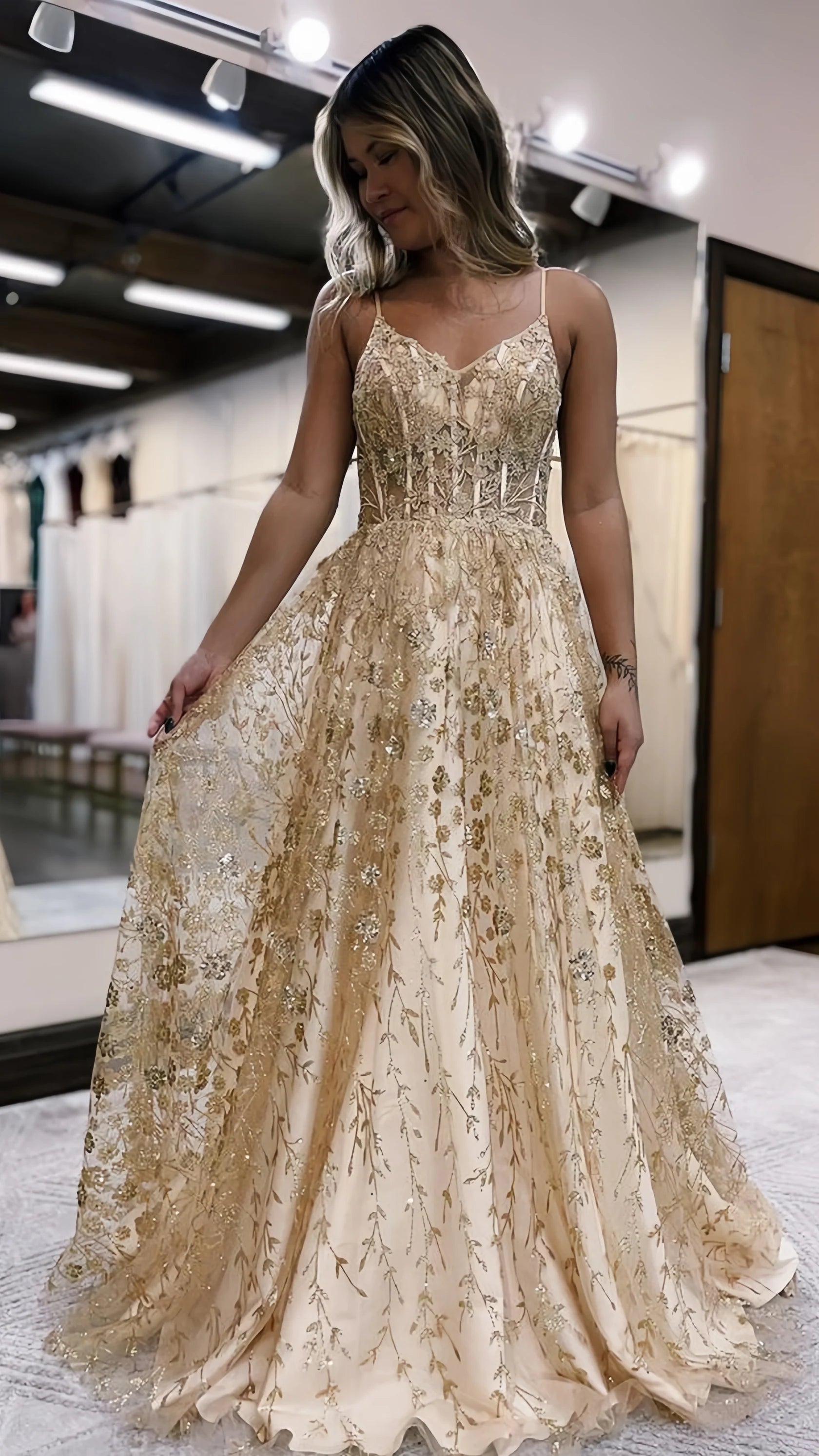 Robe de soirée Weitese sans manches en dentelle pailletée, robe de soirée trapèze à bretelles spaghetti, robe de bal